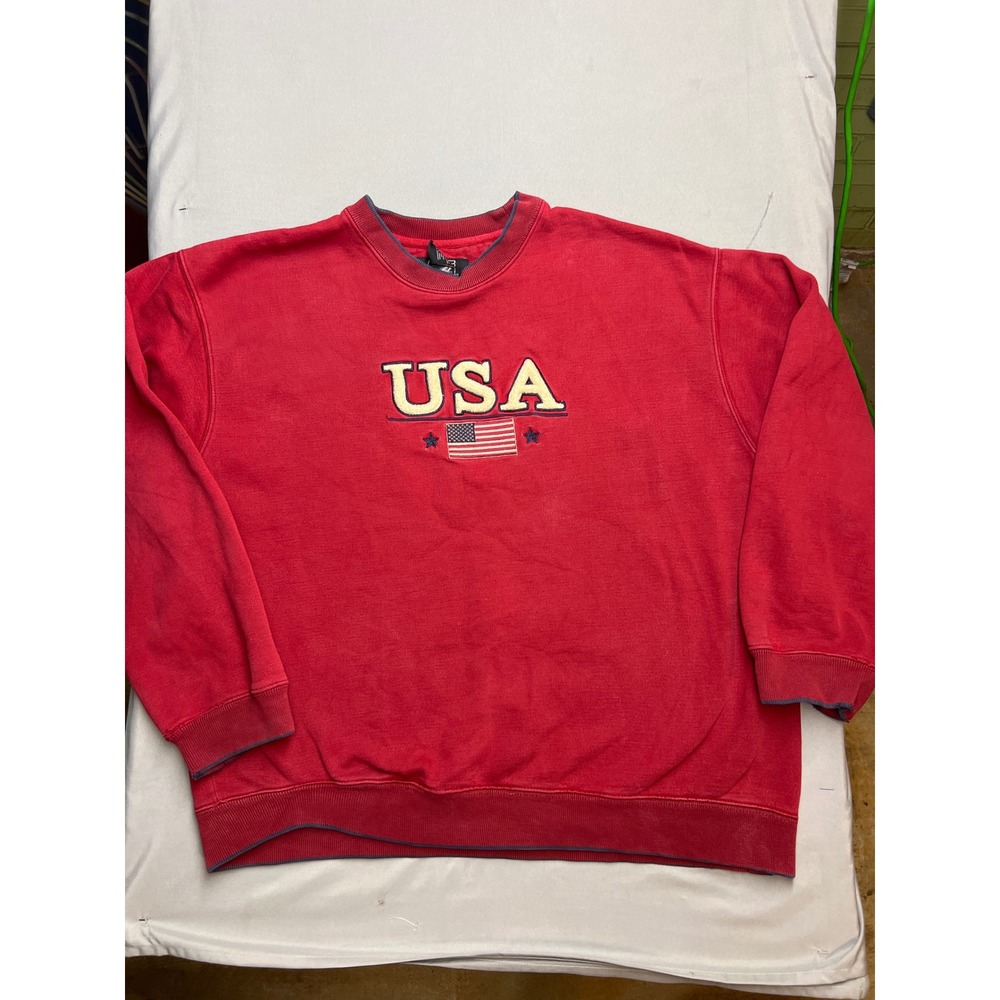 Vintage C&B Sport USA Flag Sweatshirt Mens Large Red Chenille Crewneck Pullover
